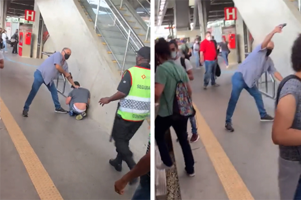 Montagem mostra, à esquerda, rapaz agachado no chão de estação, ao lado do trilho do trem, e policial apontando arma contra o rapaz; à direita, mesma cena, com presença de seguranças da CPTM