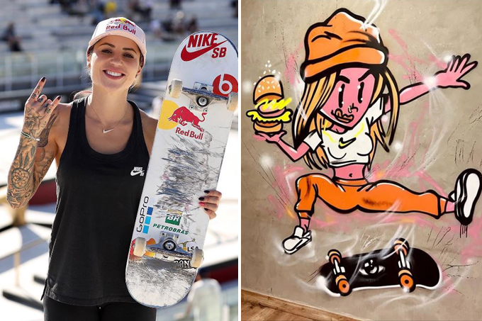 Duas imagens verticais unidas por linha fina branca. À esquerda a skatista Letícia Bufoni. À direita, grafiti de Letícia mandando uma manobra.