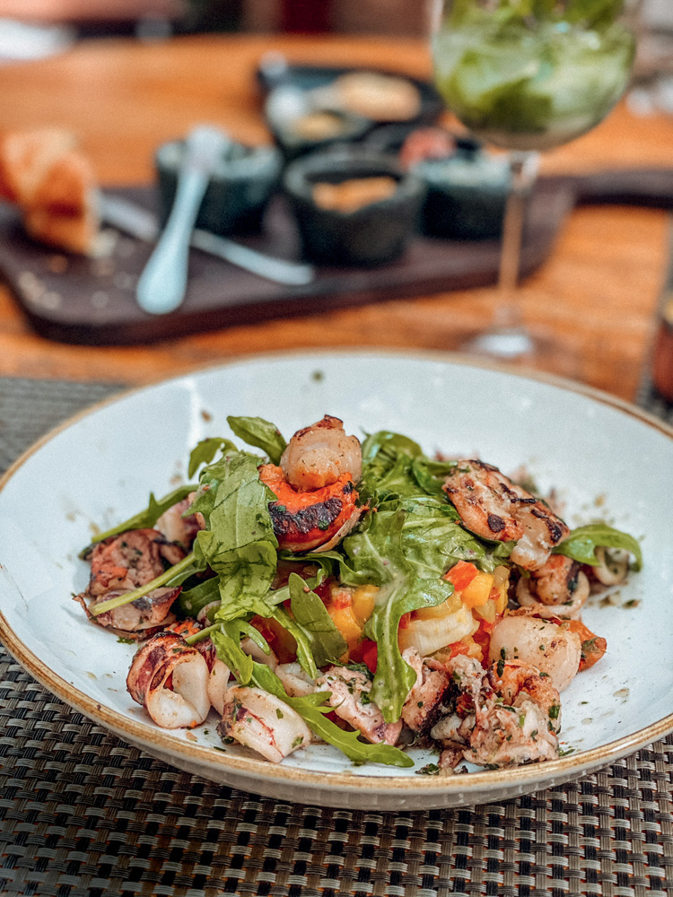 Salada rica em folhas de rúcula e frutos do mar diversos é servida em prato de louça de cor clara