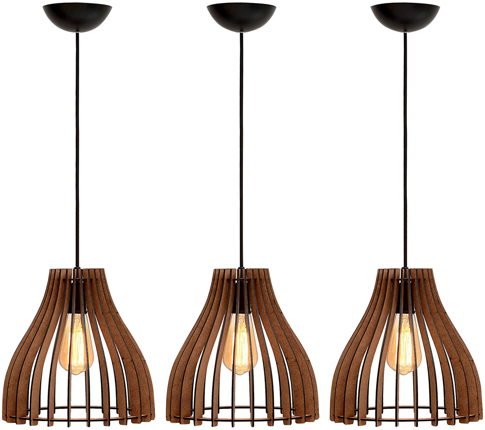 trio de lumin&aacute;rias de teto de mdf