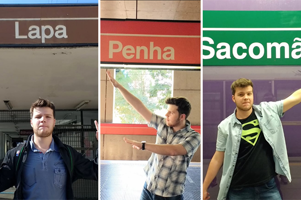 Montagem mostra três fotos de Lucas posando ao lado do letreiro das estações Lapa, Penha e Sacomã