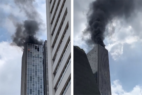 Imagem mostra dois frames de vídeo, com último andar de prédio pegando fogo, com muita fumaça