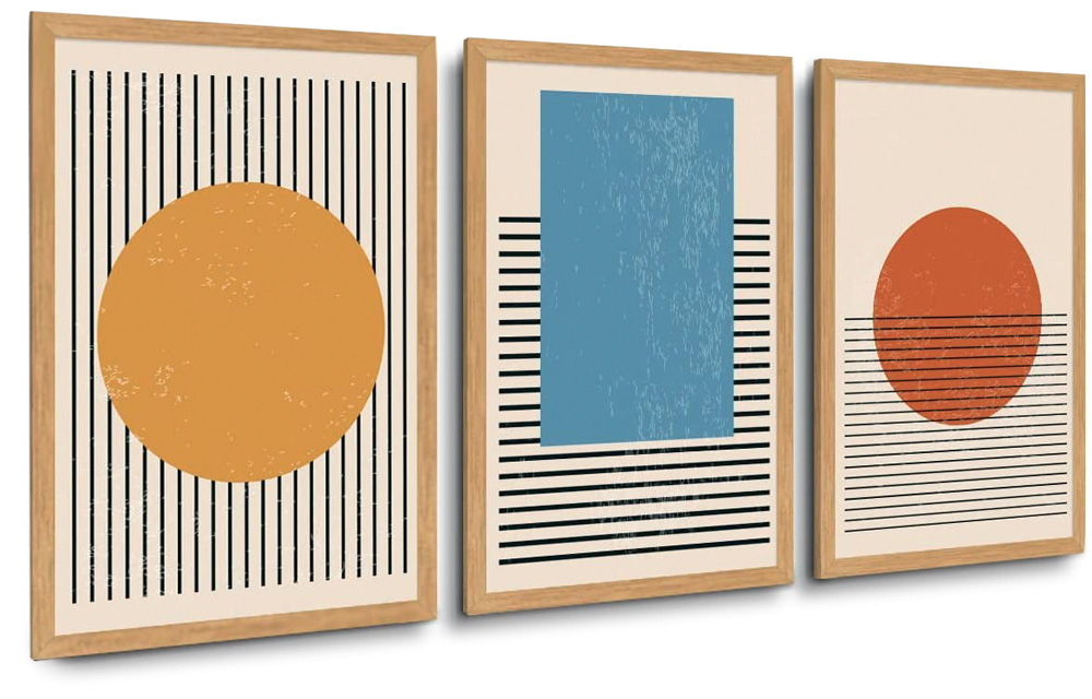 tr&ecirc;s quadros decorativos com estampas coloridas geom&eacute;tricas