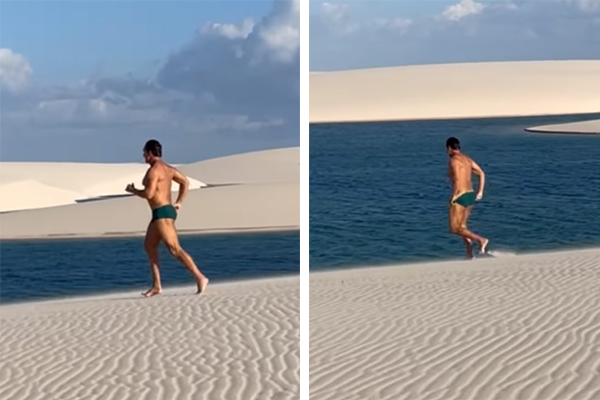 Montagem mostra, à esquerda, Victor correndo na direção de lago, em ambiente repleto de dunas de areia; à direita ele está retirando a sunga para entrar no lago