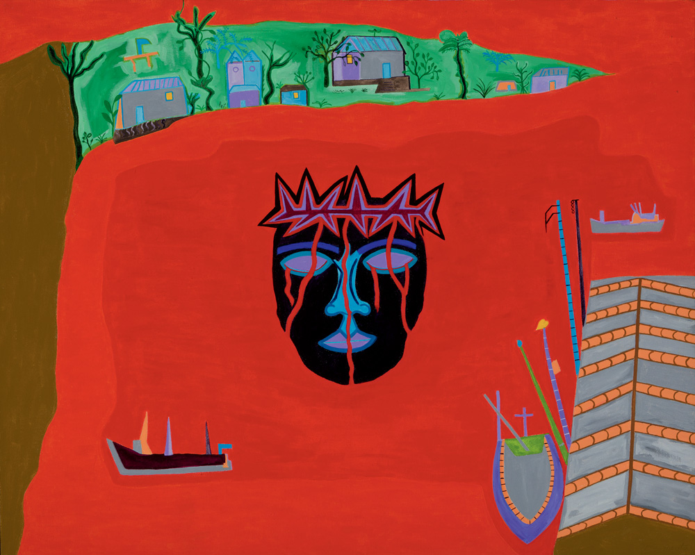 Imagem mostra pintura em vermelho com rosto preto e azul ao centro.