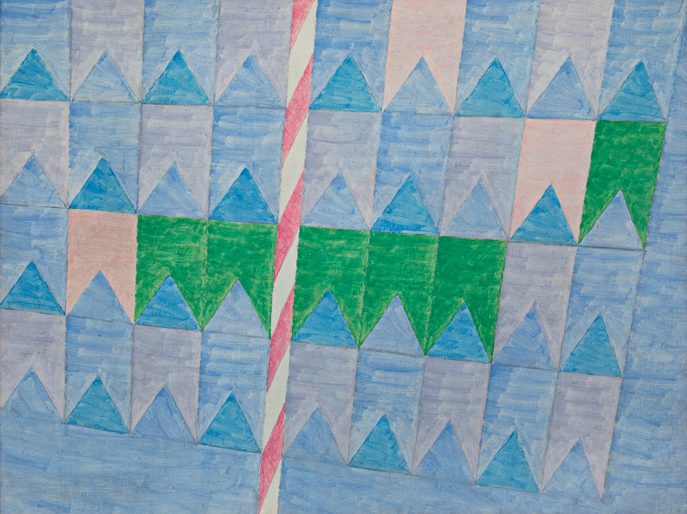 Imagem mostra pintura com em azul claro, branco e verde. O desenho conta com diversas bandeirinhas de cores diferentes.