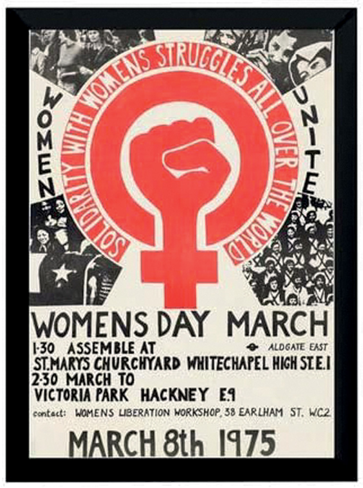 Cartaz comemorativo do Dia da Mulher em tons de preto, branco e vermelho. O símbolo do feminismo está no centro