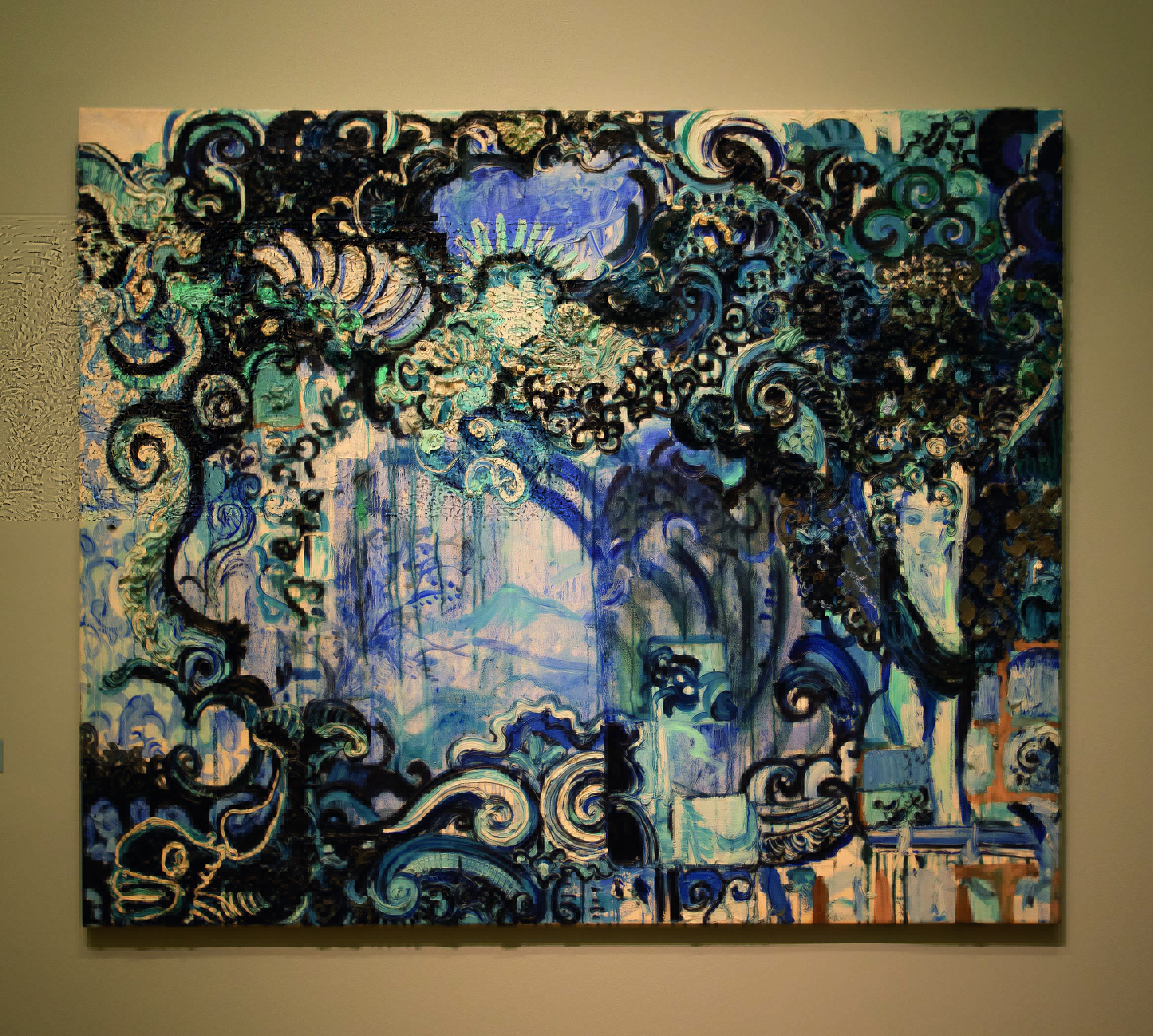 Imagem mostra quadro com pintura abstrata azul e branca