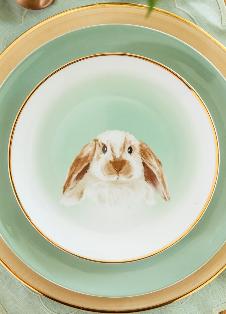 Foto exibe prato com figura de coelho no centro.