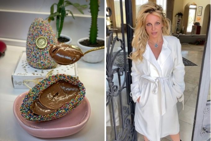 Imagem dupla: ovos de páscoa cremoso e foto da cantora Britney