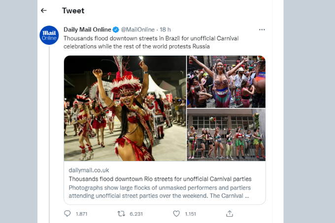 Publicação do Daily Mail que critica Carnaval no Brasil em meio a conflito na Ucrânia