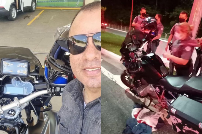Duas imagens. À esquerda, homem de óculos escuros tira selfie ao lado de sua moto.