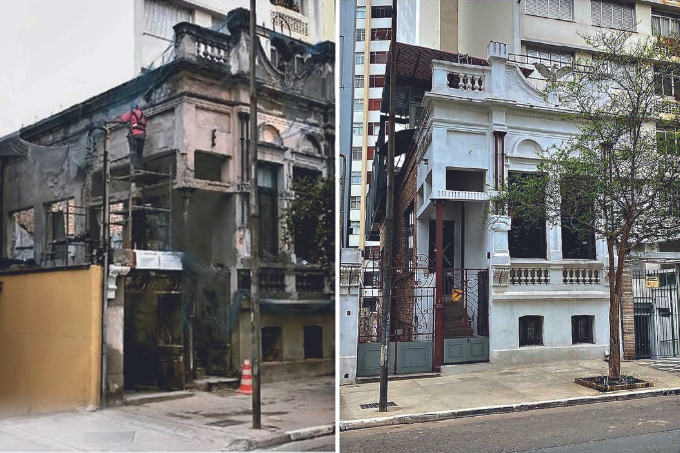 Duas imagens. Á esquerda, um casarão com a fachada destruída e antiga. À direita, o mesmo casarão com a fachada pintada de branco e reconstruída.