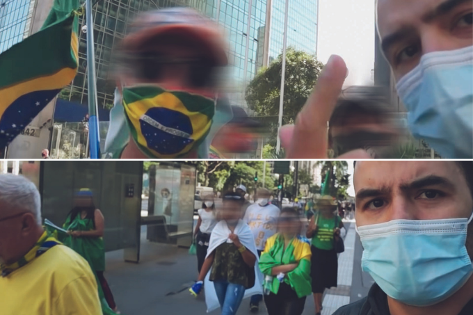 Duas imagens, uma em cima da outra, mostra homem entrevistando pessoas vestidas de roupas com a bandeira do Brasil, em uma calçada.