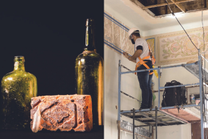 Duas imagens. À esquerdam um tijolo e duas garrafas antigas de vidro, verdes. À direita, um homem com equipamento de segurança em andaime trabalhando em parede com afrescos.