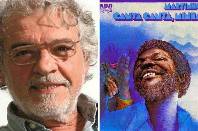Duas imagens. À esquerda, um homem grisalho de óculos. À direita, a capa de um disco, com desenho colorido que mostra um homem sorrindo envolto por uma paisagem azulada.