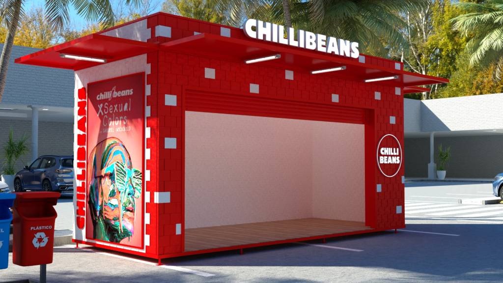 Eco Chilli, modelo de lojas sustentáveis da marca de óculos, aparece em formato 3D com fachada toda vermelha e o letreiro branco que diz CHILLI BEANS.
