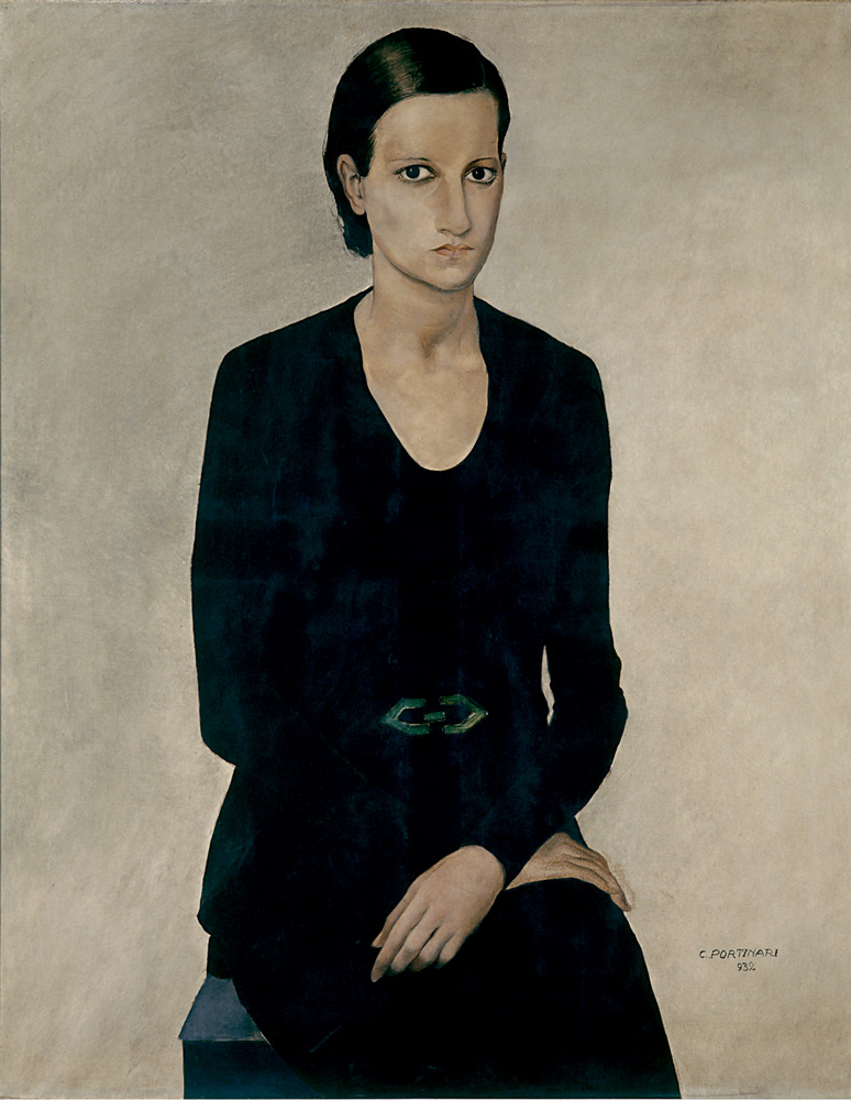 FCO 1193 Retrato de Maria1932.tiff Imagem mostra pintura de mulher toda de preto, sentada em frente à pia.