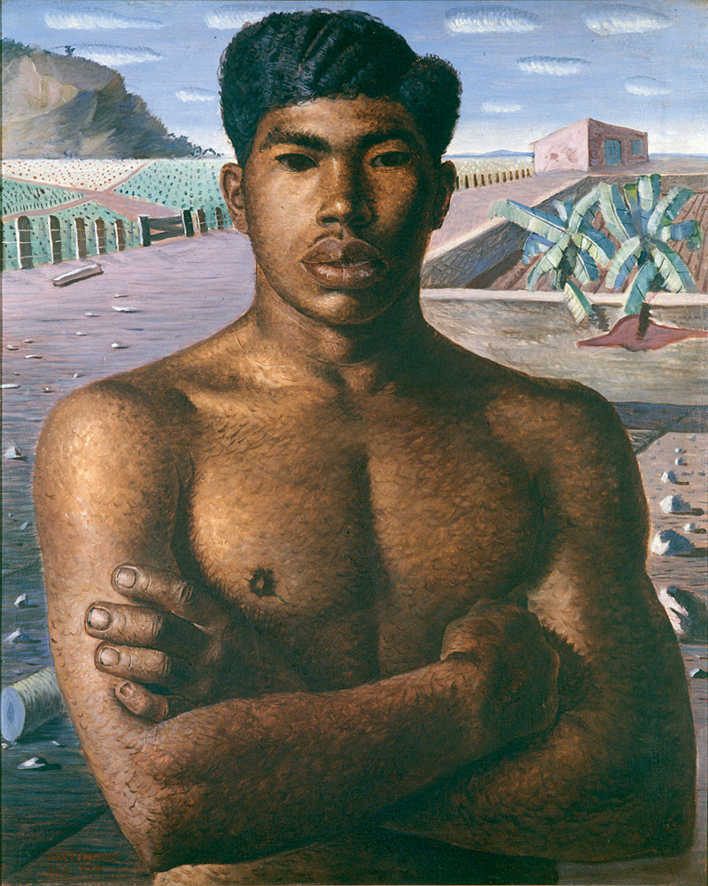 Imagem mostra pintura de homem com os braços cruzados. Ao fundo plantações e gramado.