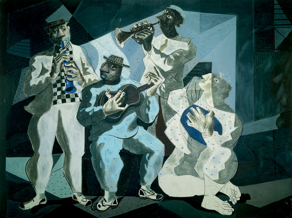 Imagem mostra pintura estilizada de um grupo de choro tocando seus intrumentos. As cores principais são branco e azul.