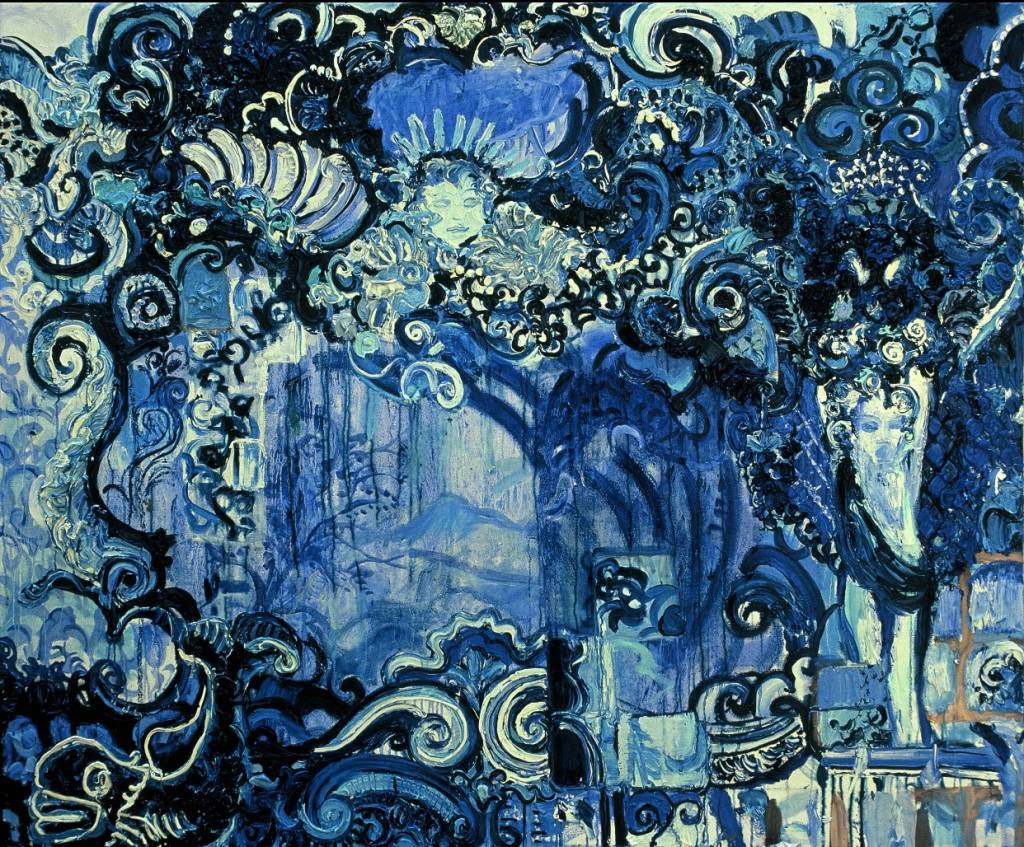 Imagem mostra pintura sobre azulejos azuis e brancos.