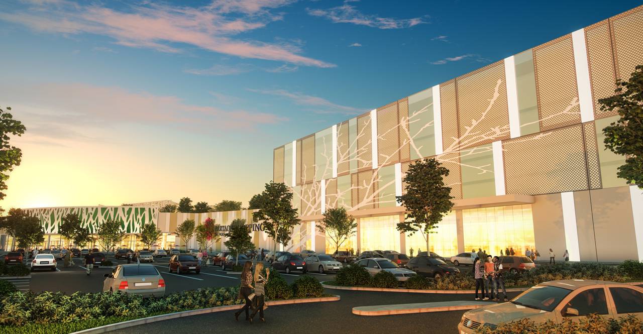 Imagem 3D de shopping center com 3 andares e estacionamento.