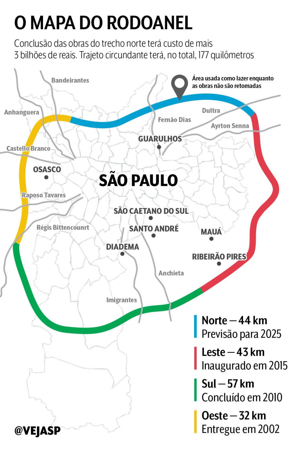 Mapa mostra traçado do Rodoanel Norte pela grande São Paulo, com identificação dos trechos Norte, Sul, Leste e Oeste