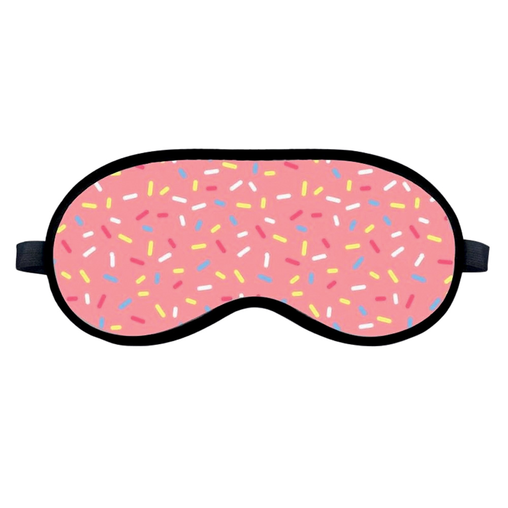 Máscara de dormir com estampa rosa, lembrando a cobertura de um donut