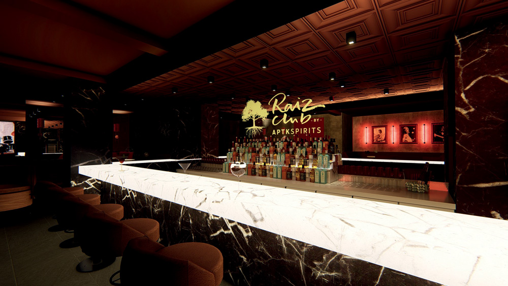 Ambiente de balcão de bar de mármore branco e preto. Bem iluminado, é decorado com garrafas à vista.