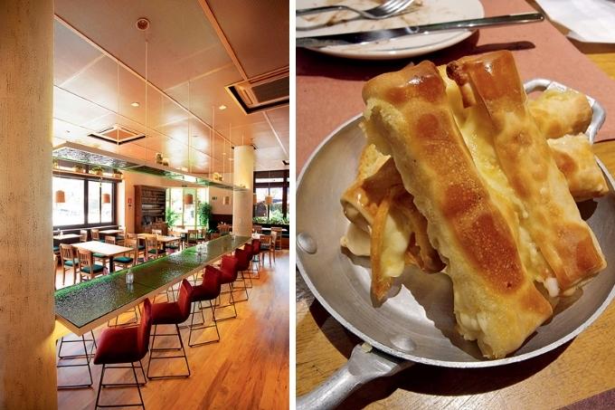 À esquerda, foto do ambiente do restaurante. À direita, porção de palitinhos de queijo servida em uma panelinha.