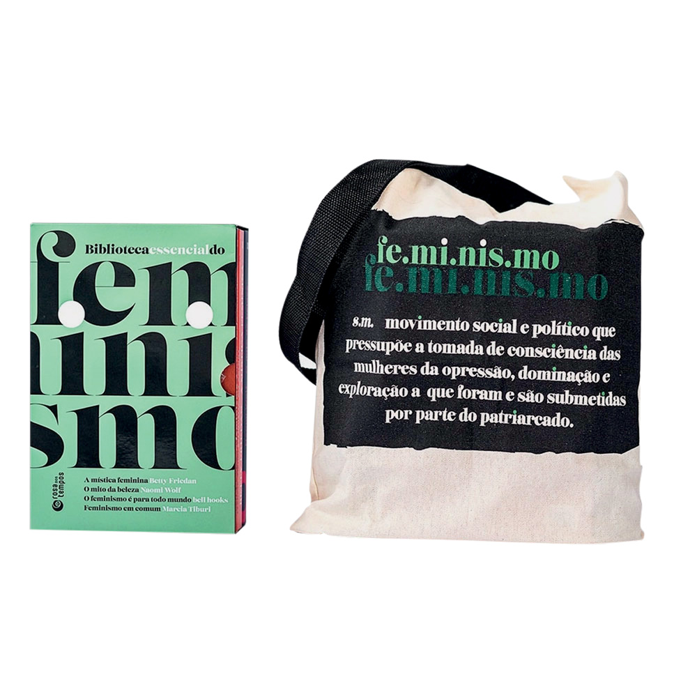 Boxe com livros e uma ecobag personalizada com o verbete de dicionário do termo feminismo