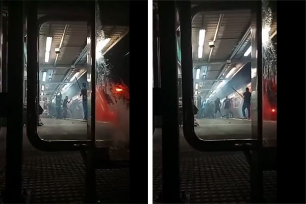 Imagem mostra frames de vídeo, gravado da plataforma, que mostra, ao longe, torcedores brigado perto de portas de trem
