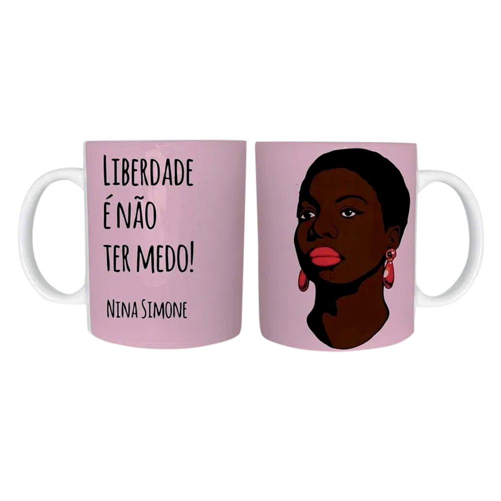 Caneca roxa com desenho de Nina Simone