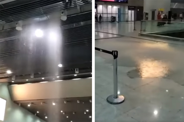 Montagem mostra, à esquerda, água saindo do teto e, à direita, água no chão do Terminal 3