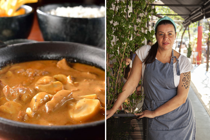 Duas imagens verticais unidas por linha fina branca. À esquerda, panela de barro com estrogonofe. À direita, a chef Janaína Rueda apoiada em cadeira na calçada.