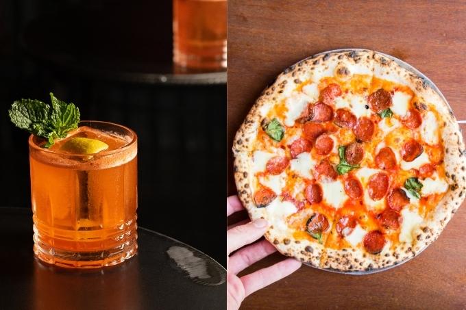 Montagem com duas fotos lado a lado: à esquerda, foto de um drinque de cor alaranjada servido em copo baixo ornamentado por uma grande pedra de gelo e um pedaço da casca de laranja e, à direita, a foto de uma pizza vista de cima