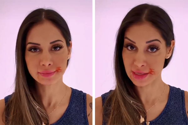 Imagem mostra dois frames de vídeo, em que Maíra aparece, falando, séria, com rosto sujo de torta
