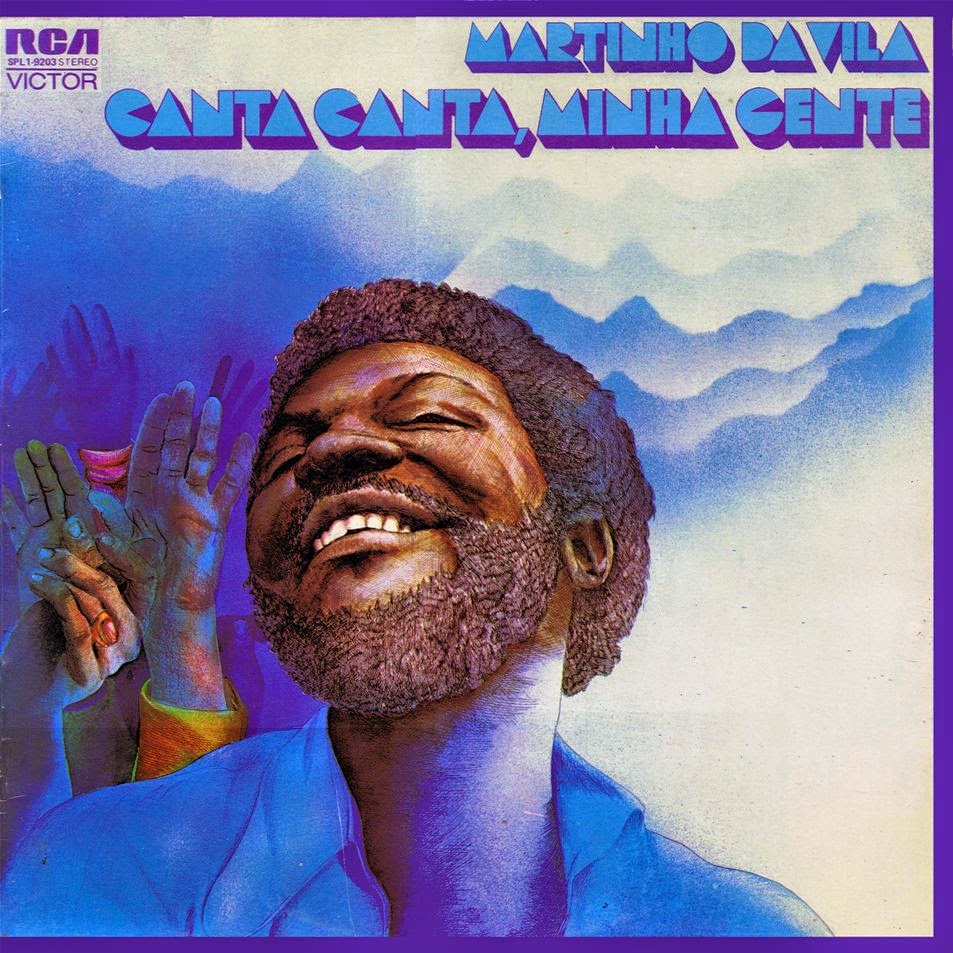 martinho-da-vila-canta-canta Imagem mostra a capa de um disco, com desenho colorido que mostra um homem sorrindo envolto por uma paisagem azulada.