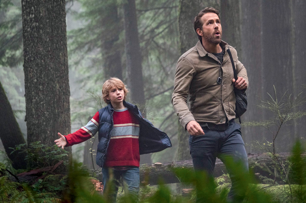Imagem mostra menino e homem andando em floresta.