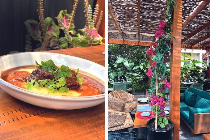 Montagem de duas fotos lado a lado: à esquerda, um prato; à direita, a foto de parte do ambiente do restaurante.