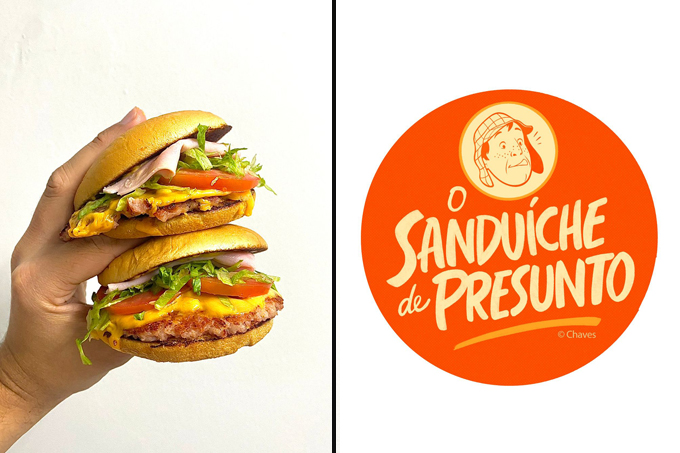 Duas imagens unidas por linha fina preta. À esquerda, mão segurando dois sanduíches com tomate, alface, queijo e presunto. À direita, logo laranja escrito "o sanduíche de presunto".