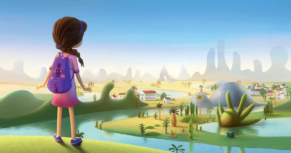 Imagem mostra animação com menina de vestido e mochila em topo de morro, olhando para o horizonte.