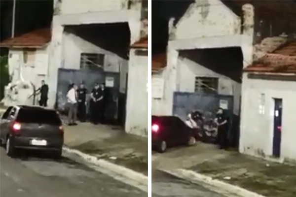 Imagem mostra dois frames de vídeo, em que carro avança contra homem que conversava com guardas, na entrada de conjunto habitacional