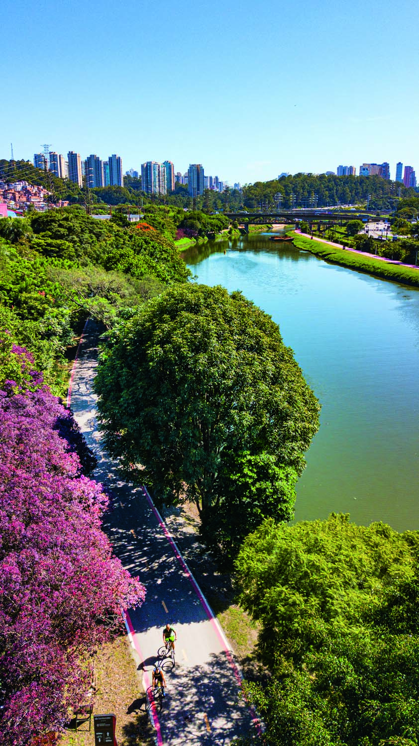 Vista de cima de uma das margens do Rio Pinheiros. Dois ciclistas andam na ciclovia. O céu está azul e o dia ensolarado