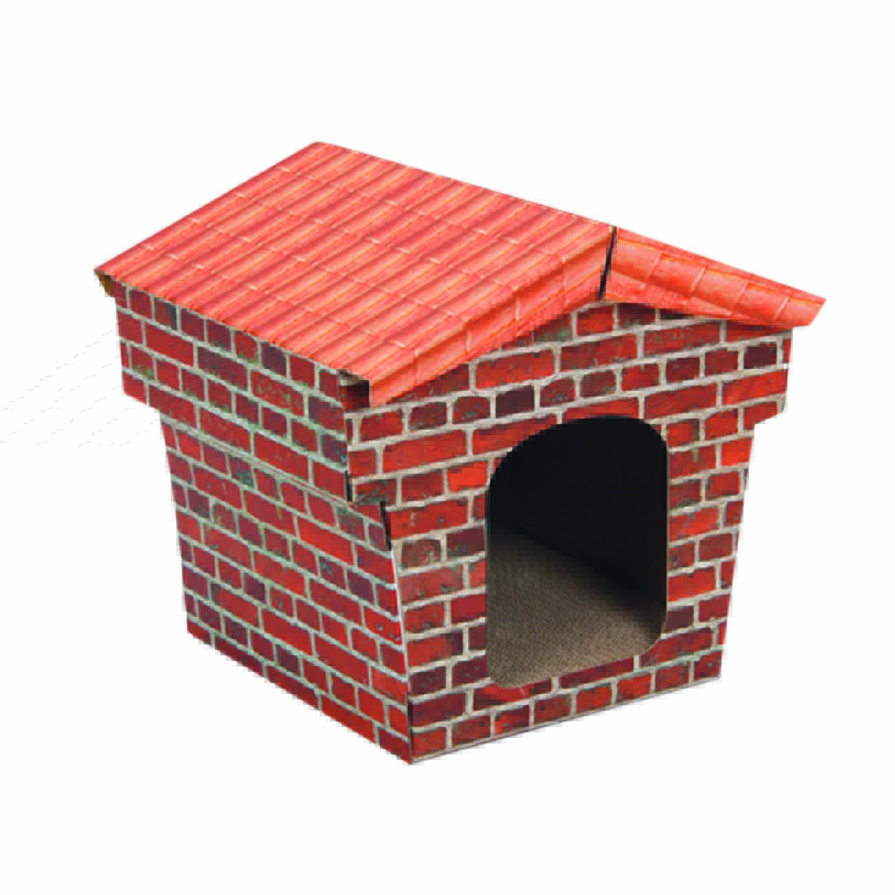 Casinha de gato em formato de casa de tijolos com telhado de telha marrom