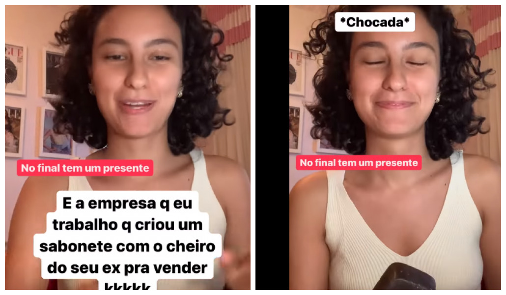 Duas imagens de garota de blusa branca regata. Na primeira, aparecem as legendas legendas: "No final tem presente" e "E a empresa que eu trabalho criou um sabonete com o cheiro do seu ex para vender kkkk". Na segunda imagem, aparece a garota com o sabonete e a legenda: chocada