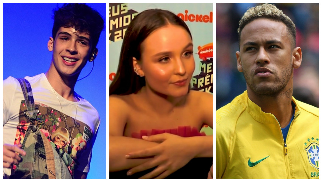 Quadro dividido em três partes. À esquerda, o cantor João Guilherme com blusa branca e macacão. Ao meio, Larissa Manoela com tomara que caia branco e à direita, Neymar com o uniforme da seleção.