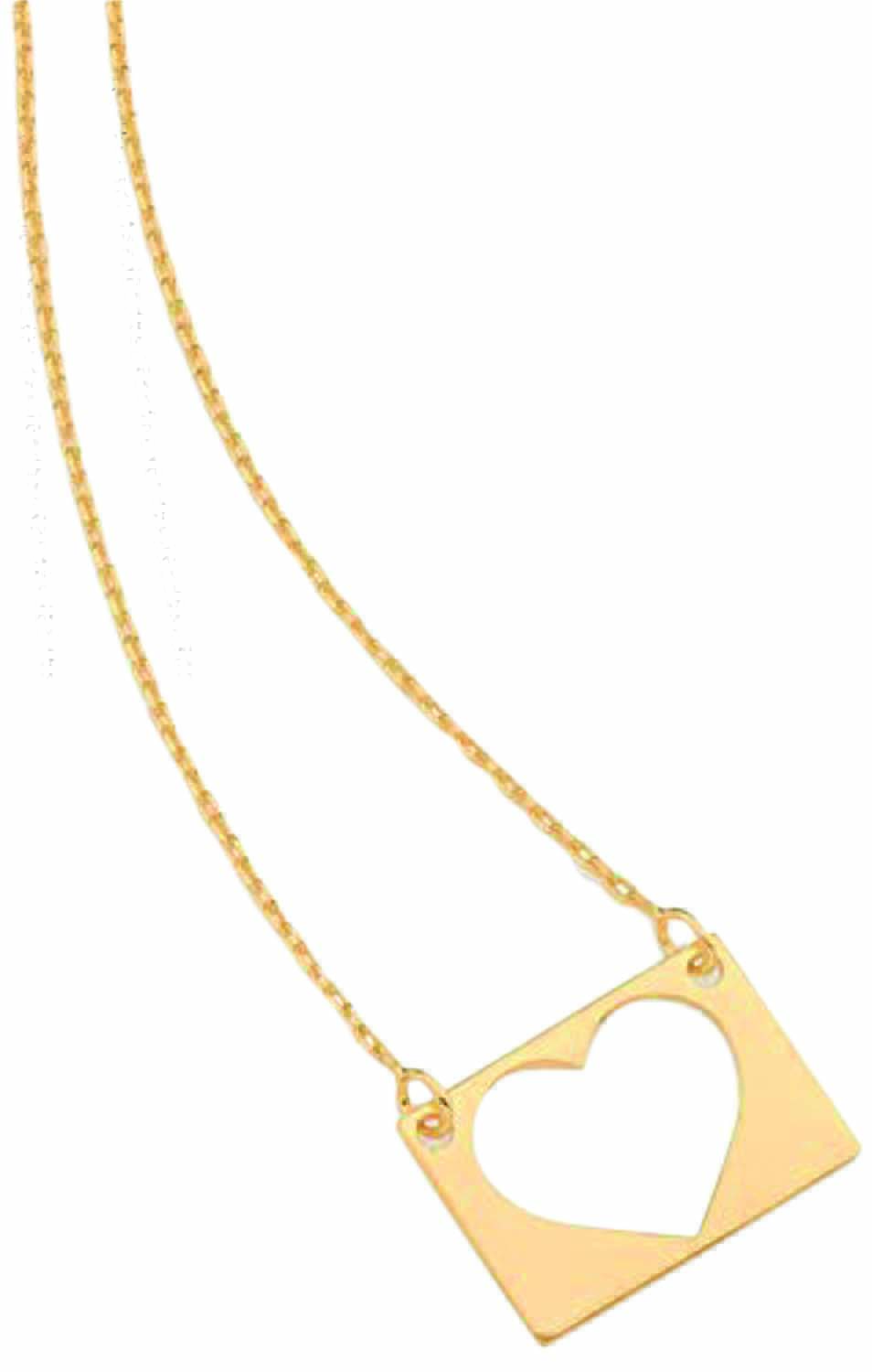 Colar de ouro com pingente de coração vazado em formato retangular