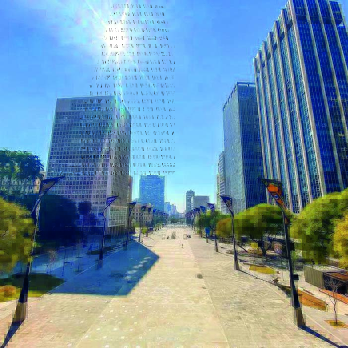 Anhangabau – Divulgação Prefeitura de São Paulo.jpg Parte do Vale do Anhangabaú. Uma praça ampla com prédios, árvores e postes antigos ao lado