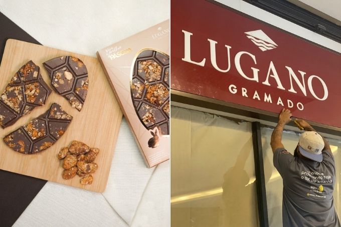 foto dupla: imagem de um tablete de chocolate oval da marca Lugano e a fachada da nova loja sendo arrumada por um funcionário